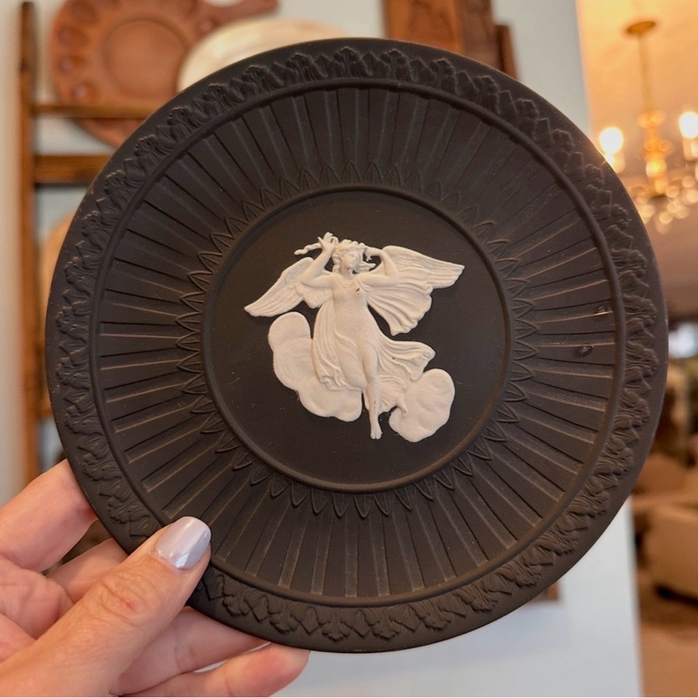 Vintage Wedgewood Jasperware Black Wall Plaque Plate with White Angel Motif